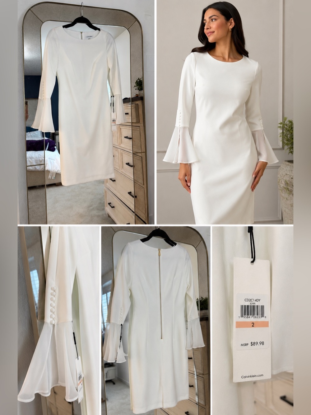 Calvin Klein Ivory Long-Sleeve Sheath Dress with Fluted Cuffs
